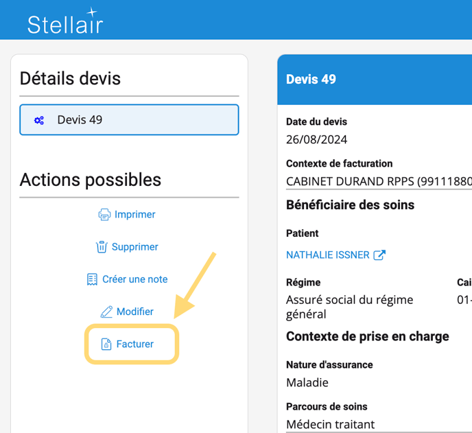 Actions possibles Facturer le devis