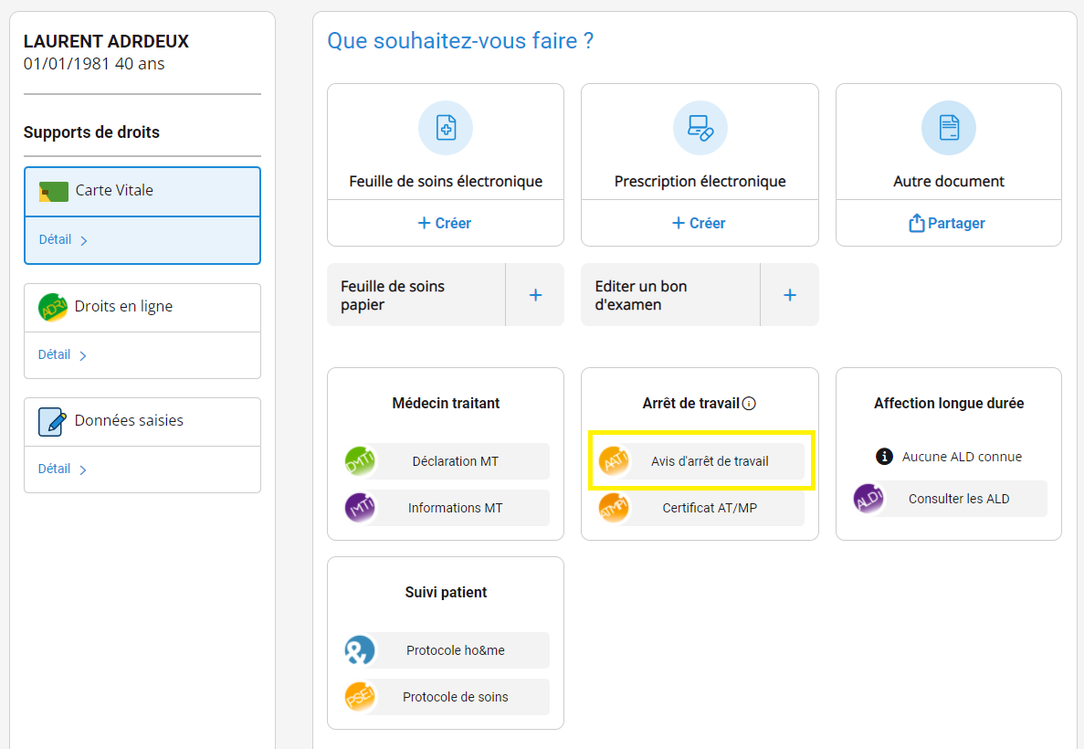 Fiche du patient Avis d'Arret de Travail